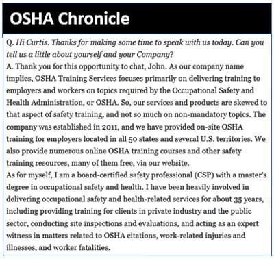 curtis-chambers-osha-chronicle-osha-training OSHA Chronicle article featuring Curtis Chambers discussing OSHA training requirements, training resources, and OSHA certification misconceptions