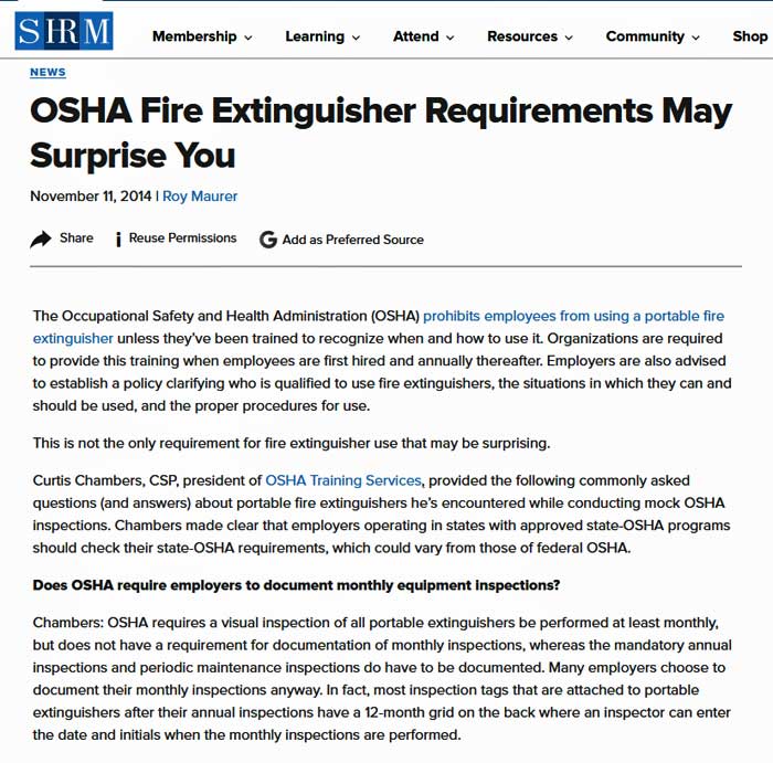 curtis-chambers-shrm-fire-extinguishers SHRM article featuring Curtis Chambers on OSHA portable fire extinguisher requirements