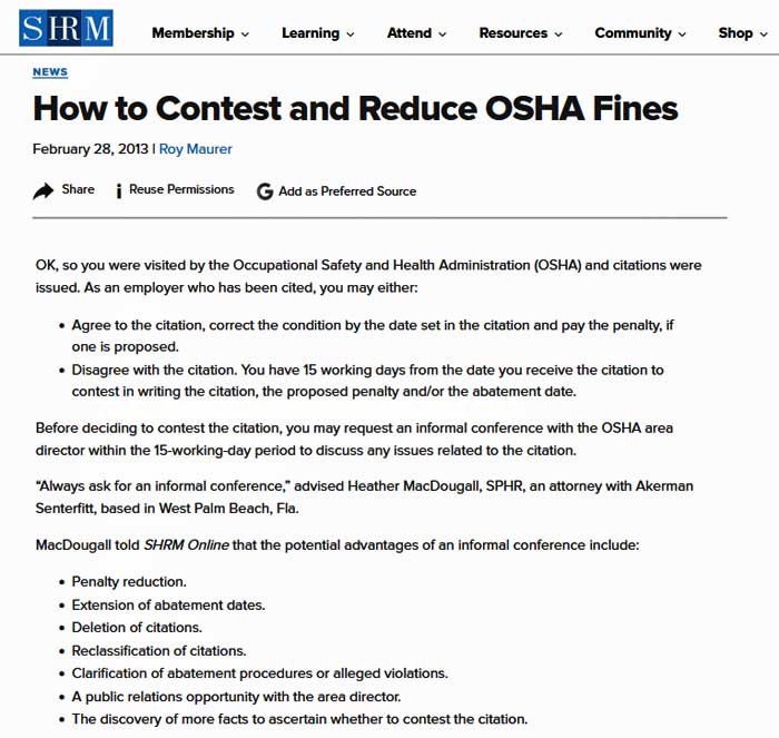 curtis-chambers-shrm-osha-fines SHRM article featuring Curtis Chambers discussing OSHA fines and citation penalties