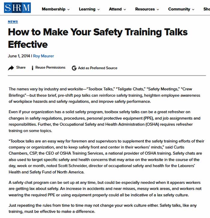 curtis-chambers-shrm-toolbox-talks SHRM article featuring Curtis Chambers on effective toolbox talks and safety training